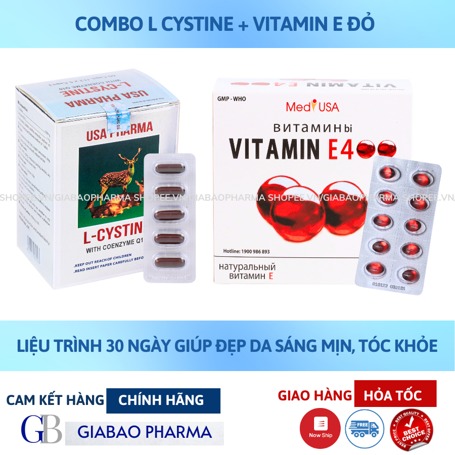 COMBO mọc tóc, đẹp da, cải thiện nội tiết tố L cystine 500mg và Vitamin E Đỏ (Lcystine H/60v; Vitamin E đỏ H/100v)