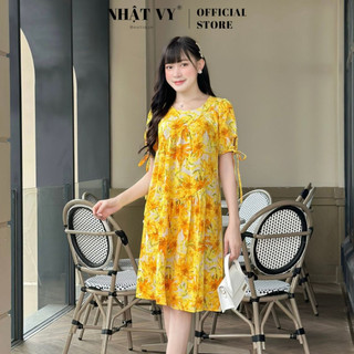 Đầm hoa suông cổng sở Nhật Vy cổ tròn tay thắt nơ chất mango dịu dàng phù hợp dạo phố cafe sang chảnh - D2809