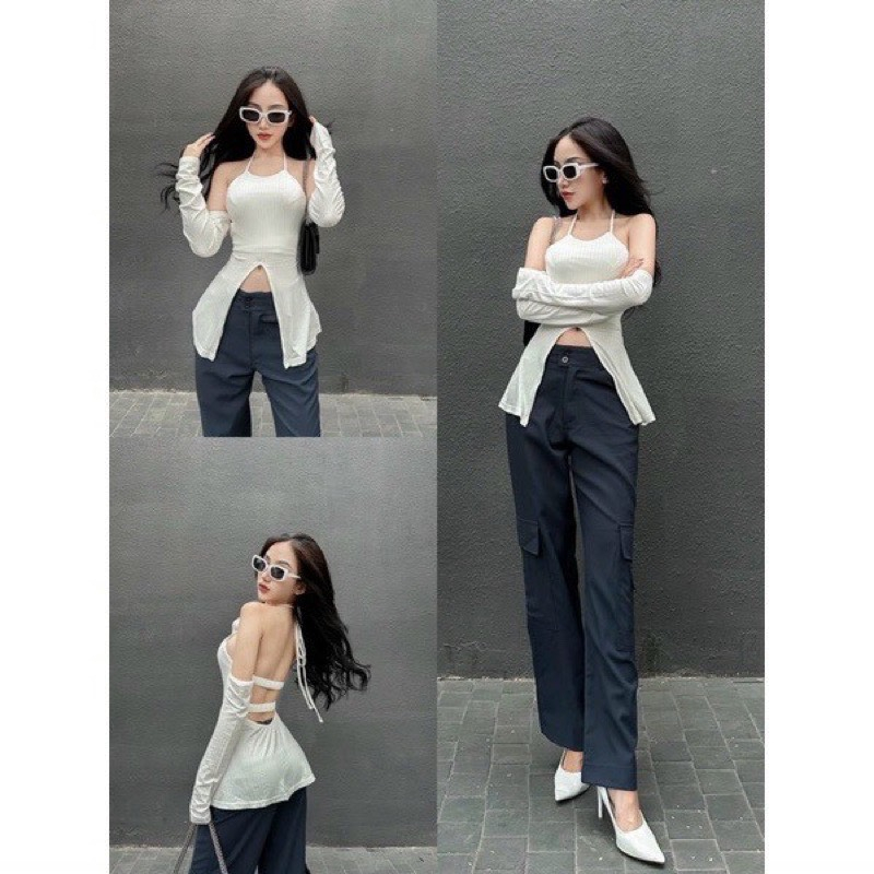 Áo kiểu xẻ tà cổ yếm tay dài sang chảnh