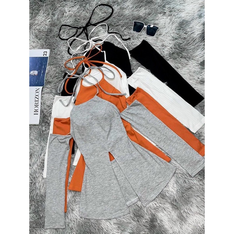 Áo kiểu xẻ tà cổ yếm tay dài sang chảnh