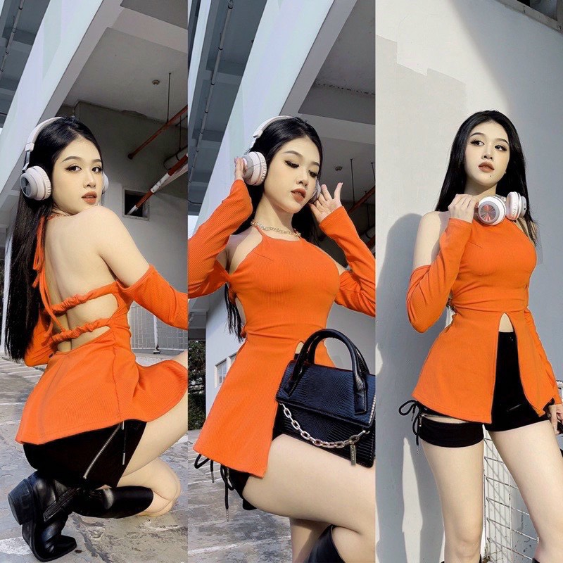 Áo kiểu xẻ tà cổ yếm tay dài sang chảnh