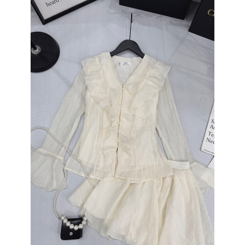 Set Áo Sơ Mi Tơ Nhăn Bèo Ngực Đính Khuy Ngọc Mix Chân Váy Lưng Thun 2 Lớp Siêu Đẹp