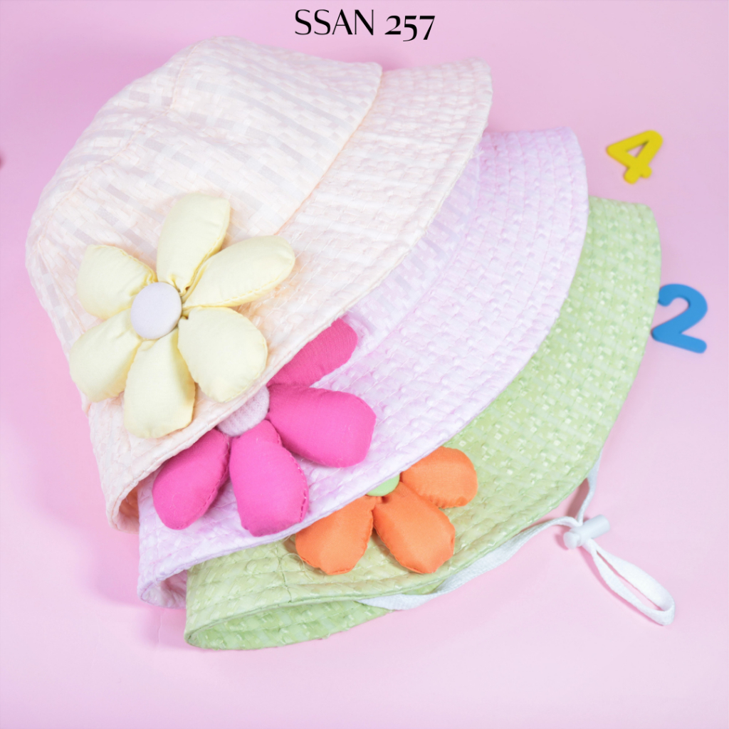 Mũ vành VẢI ĐÍNH HOA cho bé gái từ 3 đến 7 tuổi, Nón bo vải xốp mềm dễ thương vòng đầu 52 cm