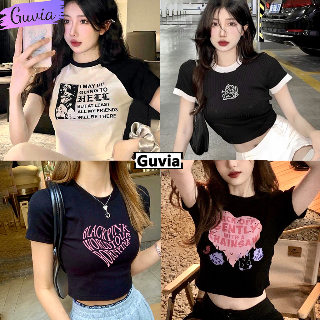 Áo Croptop Ôm Body Nữ HELL Cổ Tròn Tay Ngắn, Áo Thun Croptop Kiểu Sexy In Họa Tiết GUVIA CR58