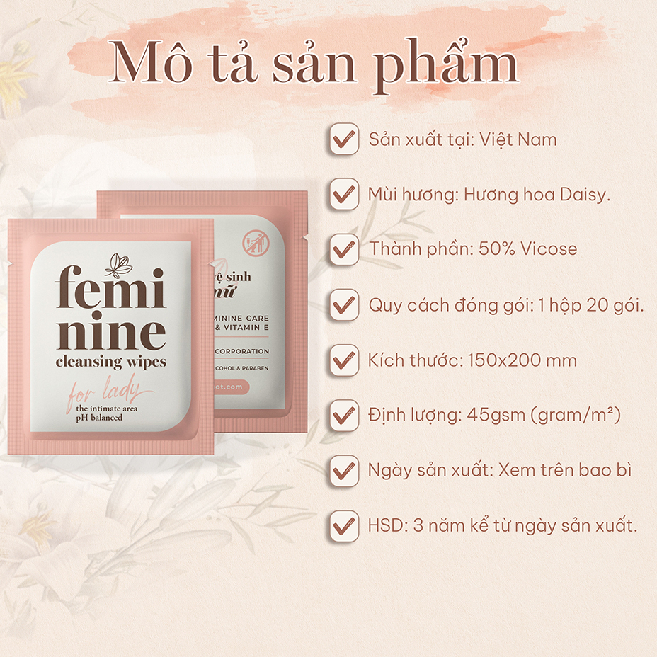 Hộp 20 túi khăn ướt phụ khoa 1 tờ tiện dụng