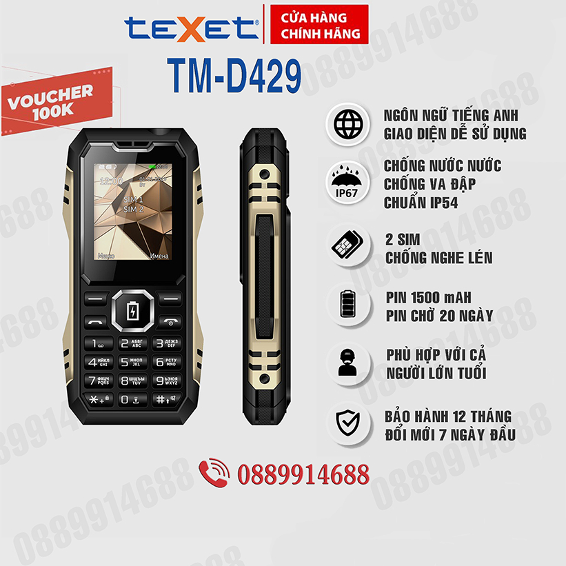 Điện thoại MiniTexet D429 Chống nước, Pin trâu, Nhỏ gọn, Siêu bền