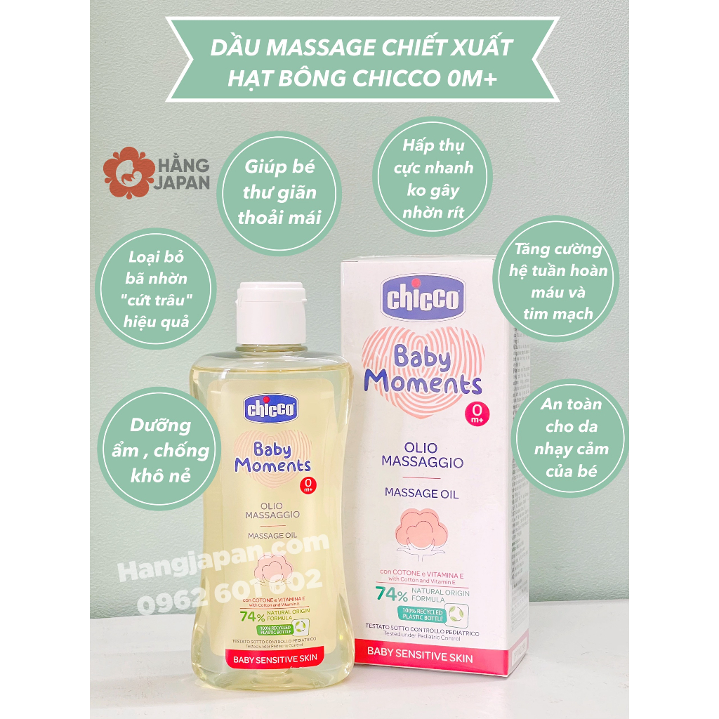 Dầu massage chiết xuất từ hạt bông Chicco Ý 200ml cho bé từ sơ sinh
