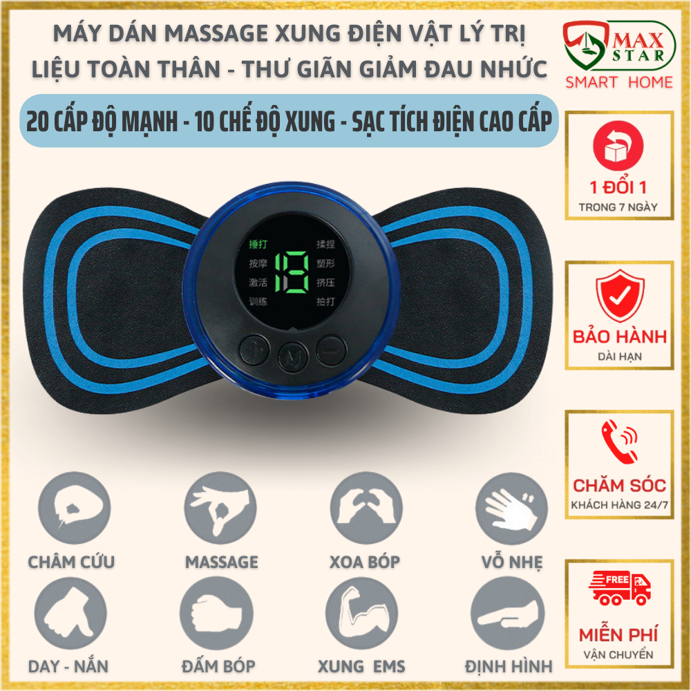 Miếng dán massage xung điện cổ vai gáy, bắp tay, lưng 10 chế độ mát-xa, pin sạc - Máy massage mini toàn thân an toàn NEW