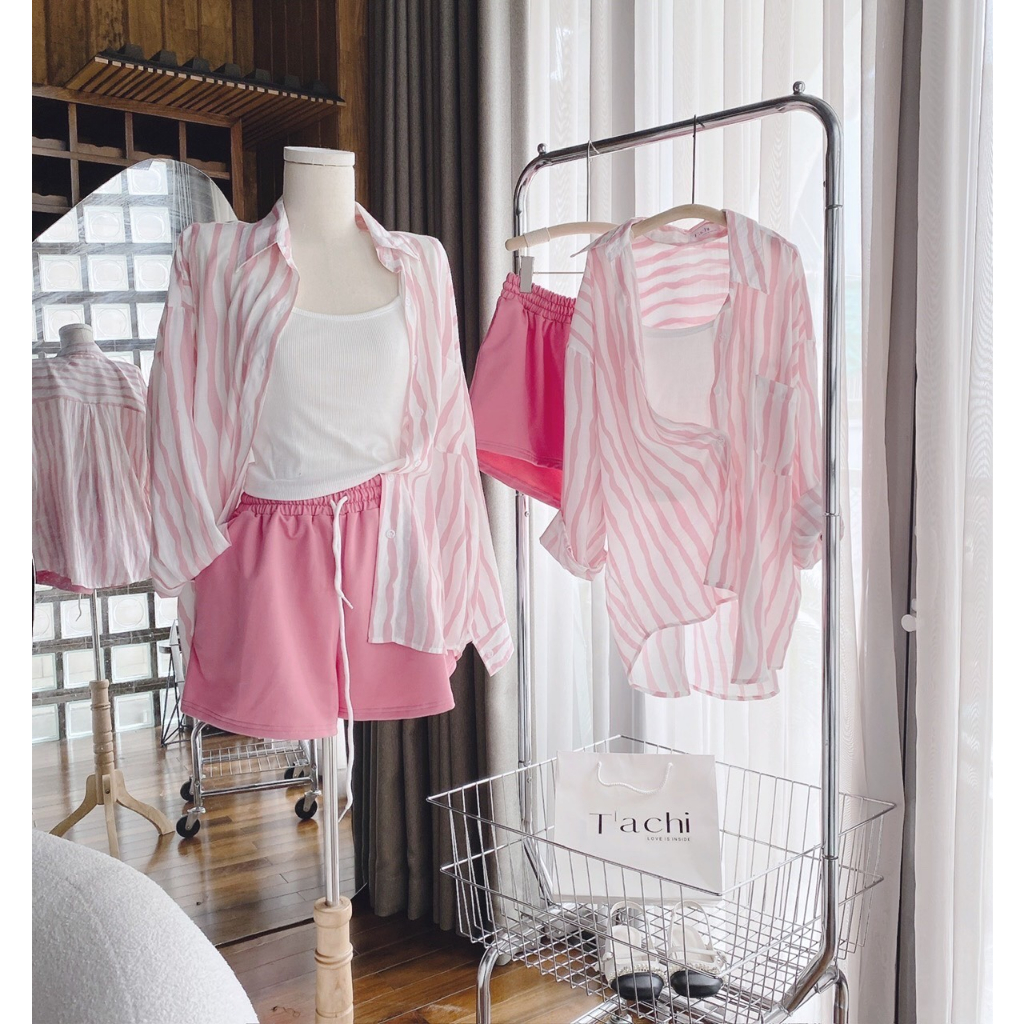 SET 3 MÓN SƠ MI KẺ SỌC HỒNG + CROP 2S TRẮNG +  SHORT 💕