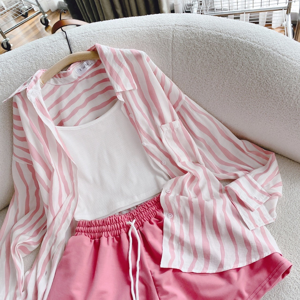 SET 3 MÓN SƠ MI KẺ SỌC HỒNG + CROP 2S TRẮNG +  SHORT 💕