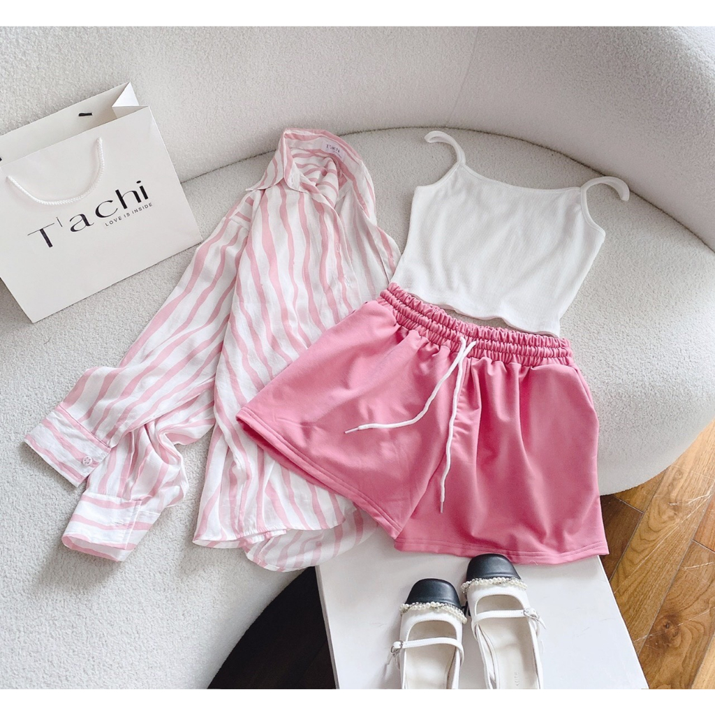 SET 3 MÓN SƠ MI KẺ SỌC HỒNG + CROP 2S TRẮNG +  SHORT 💕