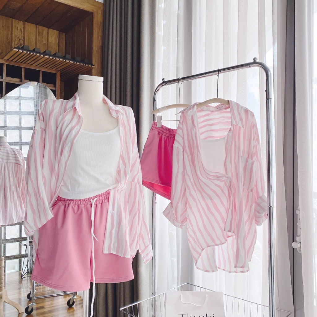 SET 3 MÓN SƠ MI KẺ SỌC HỒNG + CROP 2S TRẮNG +  SHORT 💕