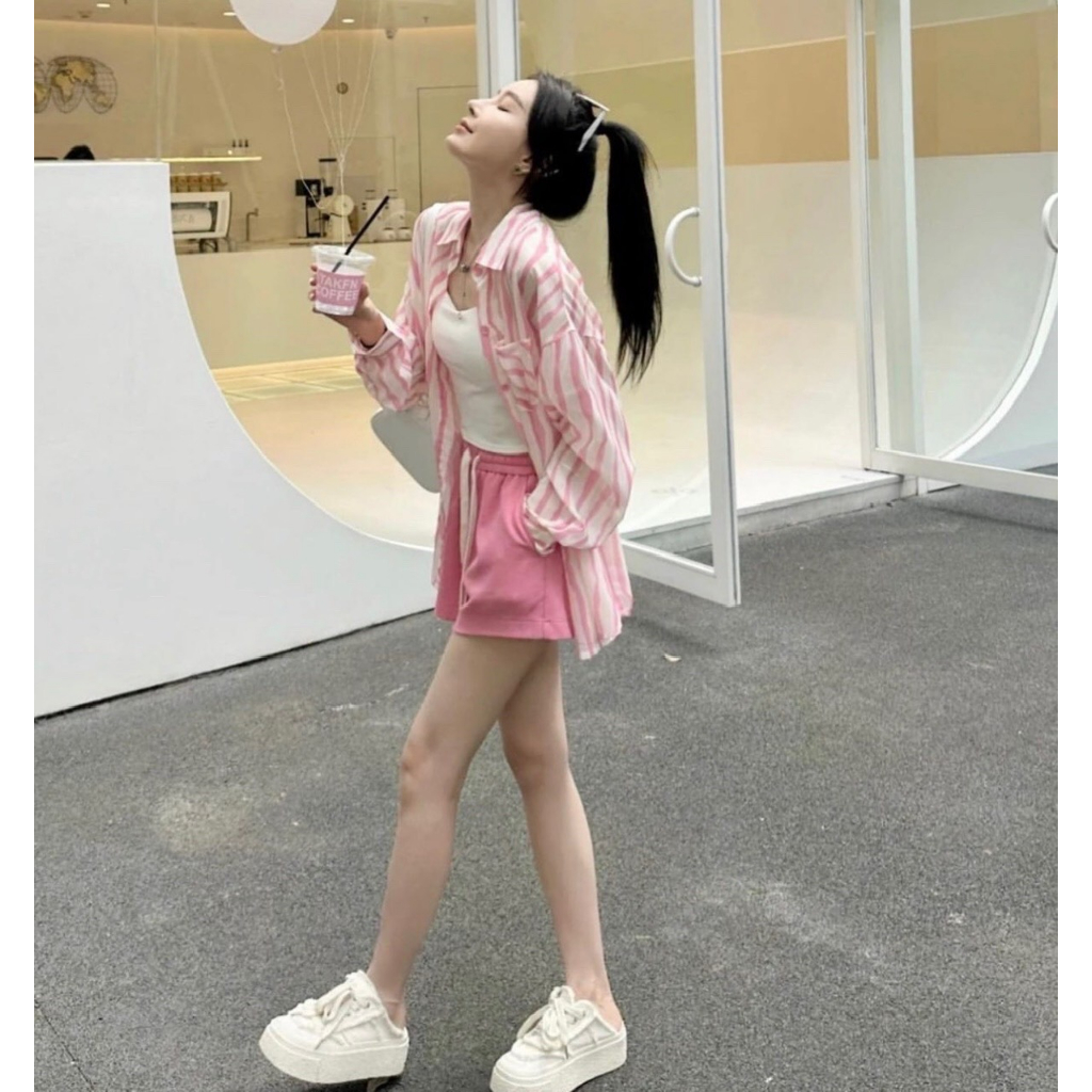SET 3 MÓN SƠ MI KẺ SỌC HỒNG + CROP 2S TRẮNG +  SHORT 💕