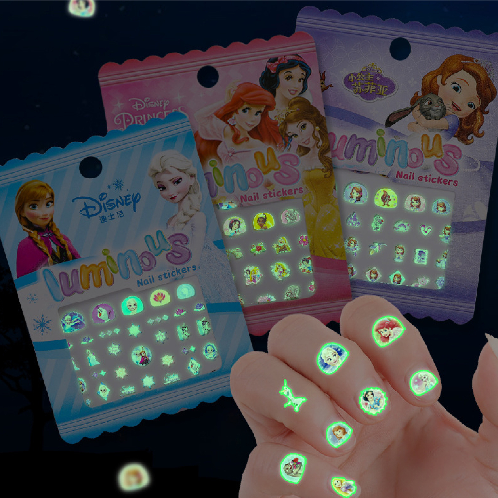 Sticker Miếng Dán 3D Trang Trí Móng Tay Dạ Quang Hình Công Chúa Elsa Sofia Dễ Thương Cho Bé Gái