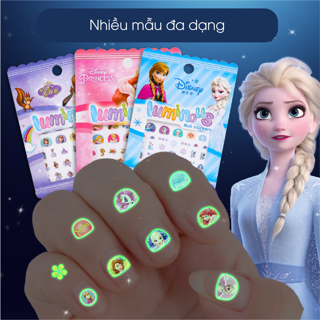 Sticker Miếng Dán 3D Trang Trí Móng Tay Dạ Quang Hình Công Chúa Elsa Sofia Dễ Thương Cho Bé Gái