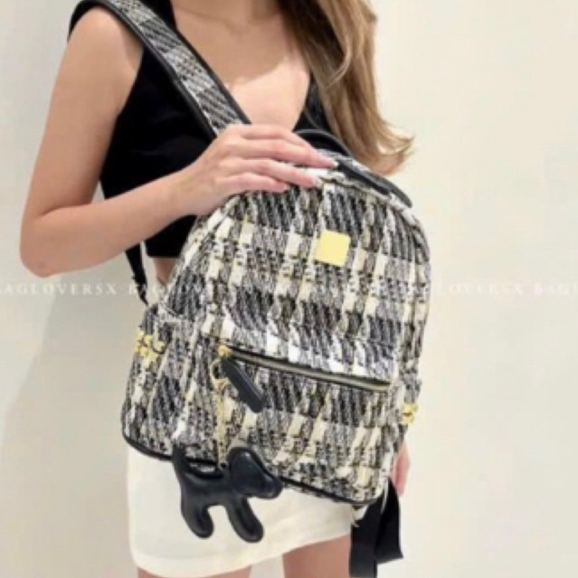 Balo vải dạ kẻ kèm móc cún size 40 đi học đi chơi
