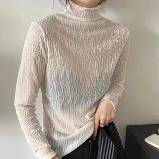 Áo Voan Nữ Dài Tay Cổ Bèo Họa Tiết Sóng, Áo Ren Mỏng Tiểu Thư Viền Bèo Phong Cách Hàn Quốc Chất Voan Mềm Mại Dễ Phối Đồ