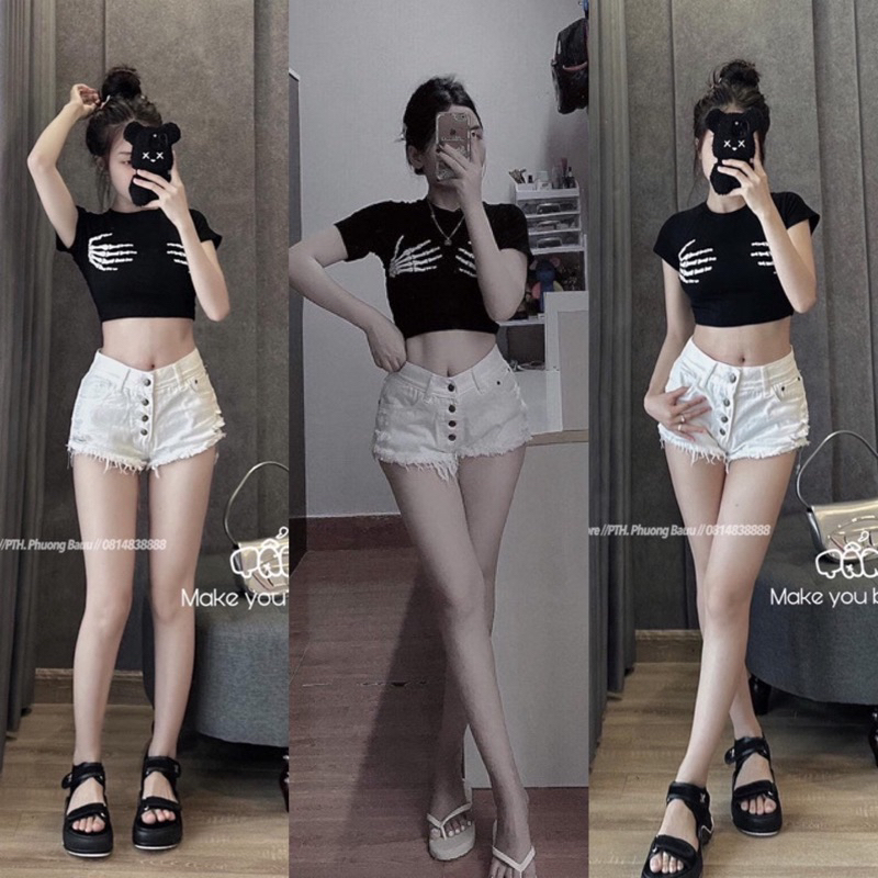 Quần Sooc Jeans Rách 4 Khuy Vàng Siêu Hot