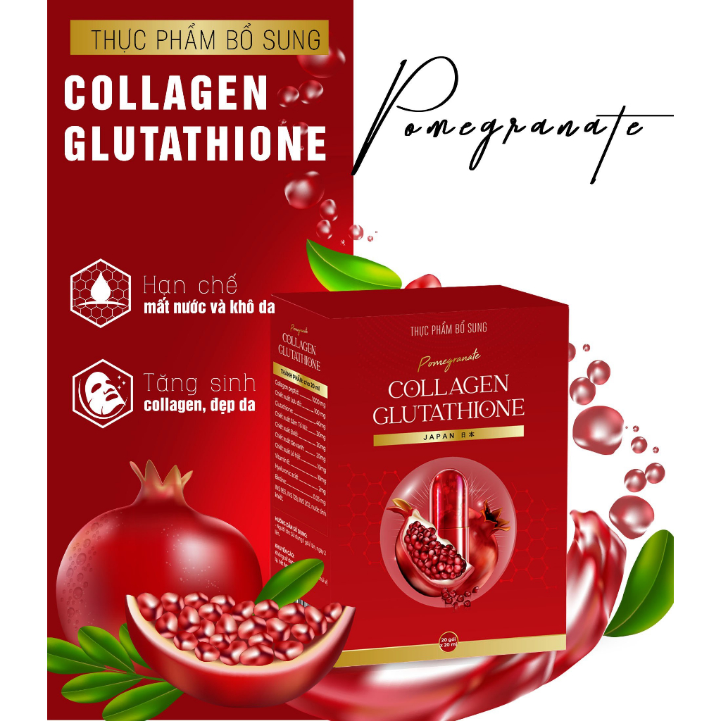 10 GÓÍ - Collagen Glutathione Lựu Đỏ 1000mg, hộp 20 gói/20ml. Nước uống đẹp da