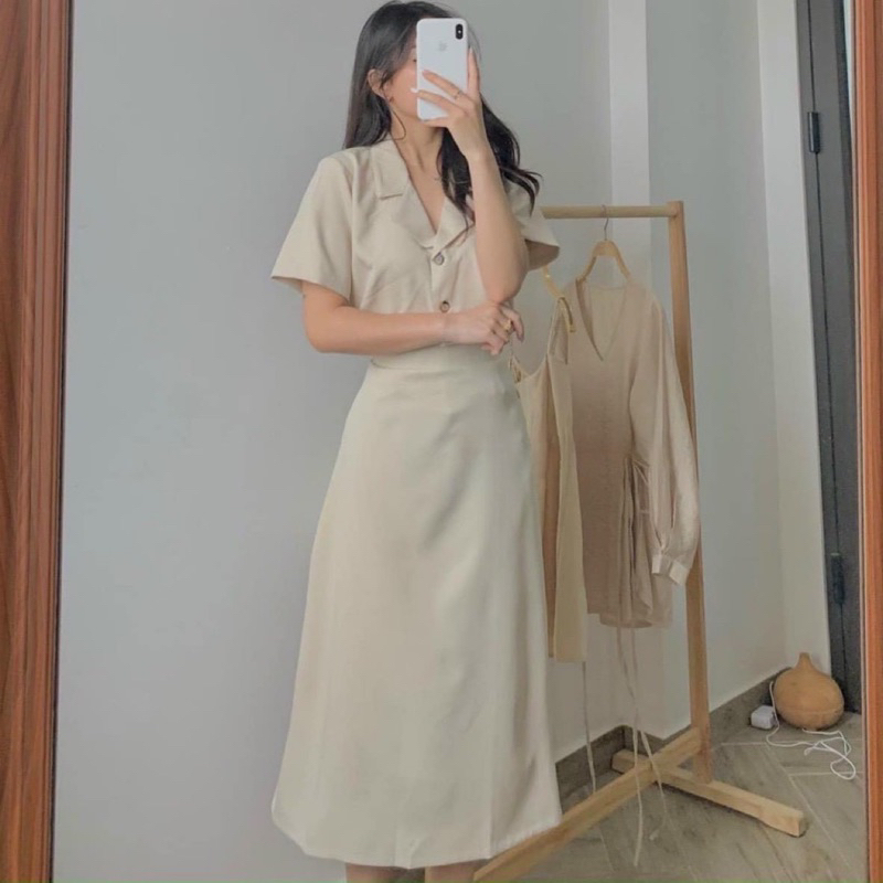 Set Blazer Tay Cộc Kiểu Hàn Quốc, Set Áo Cổ Vest Và Chân Váy Chữ A Dáng Dài Midi