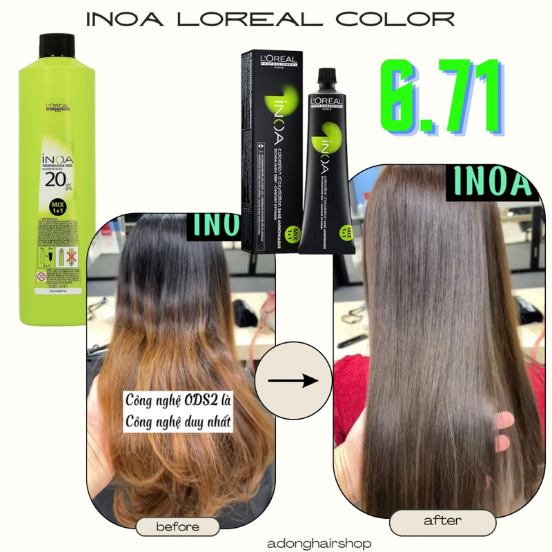 THUỐC NHUỘM TÓC CAO CẤP LOREAL INOA 6.71 MÀU NÂU KHÓI GỐC DẦU KHÔNG AMONIAC 60ML + OXY