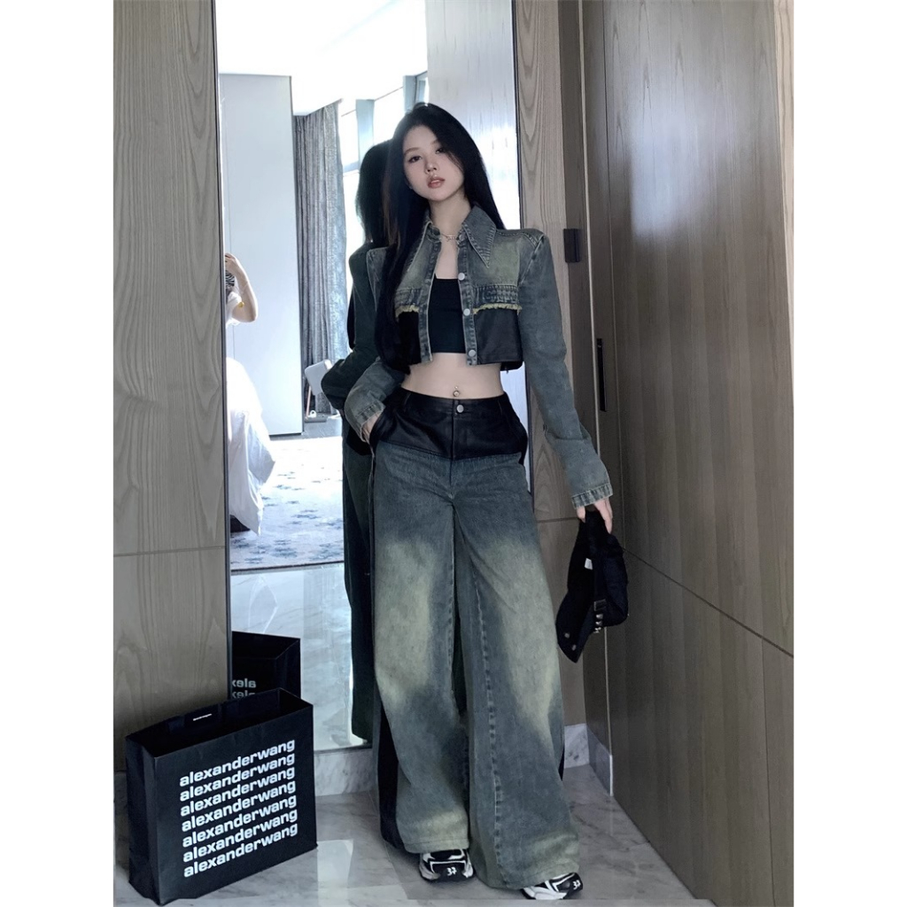 Áo denim phối da dáng ngắn quần jean ống rộng eo cao phối da Gaia Order China Set denim