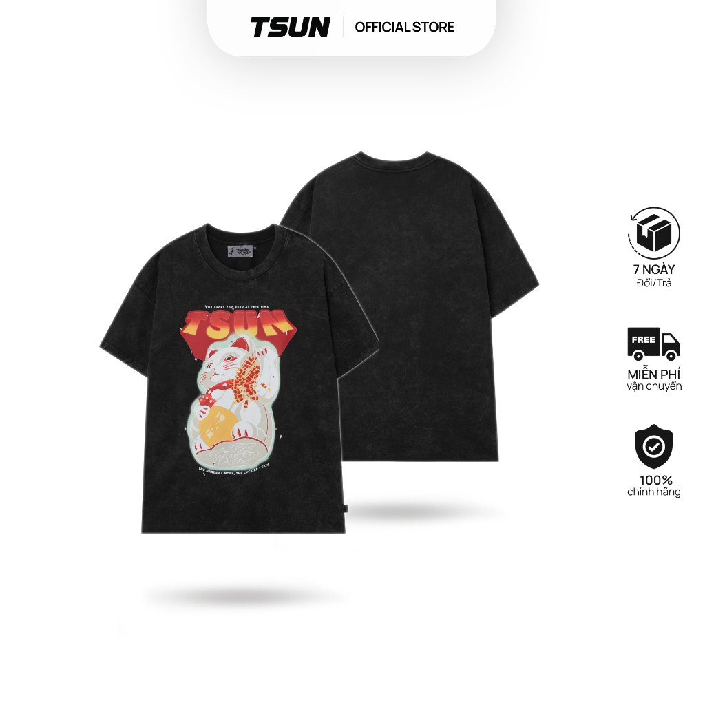 Áo Thun 2023 TSUN LuckyCat - Wash - [UNISEX] - Mèo Thần Tài In Lụa