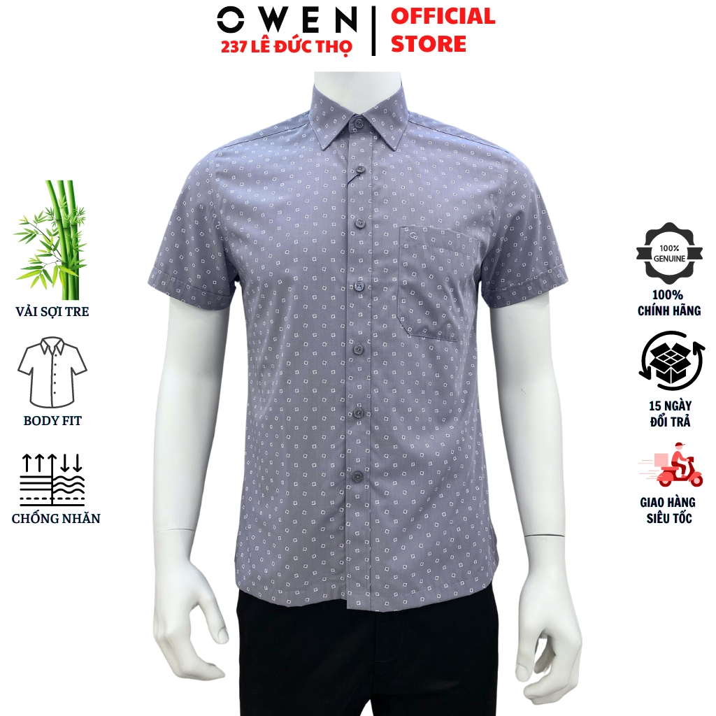 Áo sơ mi ngắn tay nam OWEN AB230051NT somi công sở màu ghi vải sợi tre cao cấp form body fit tà bằng có túi