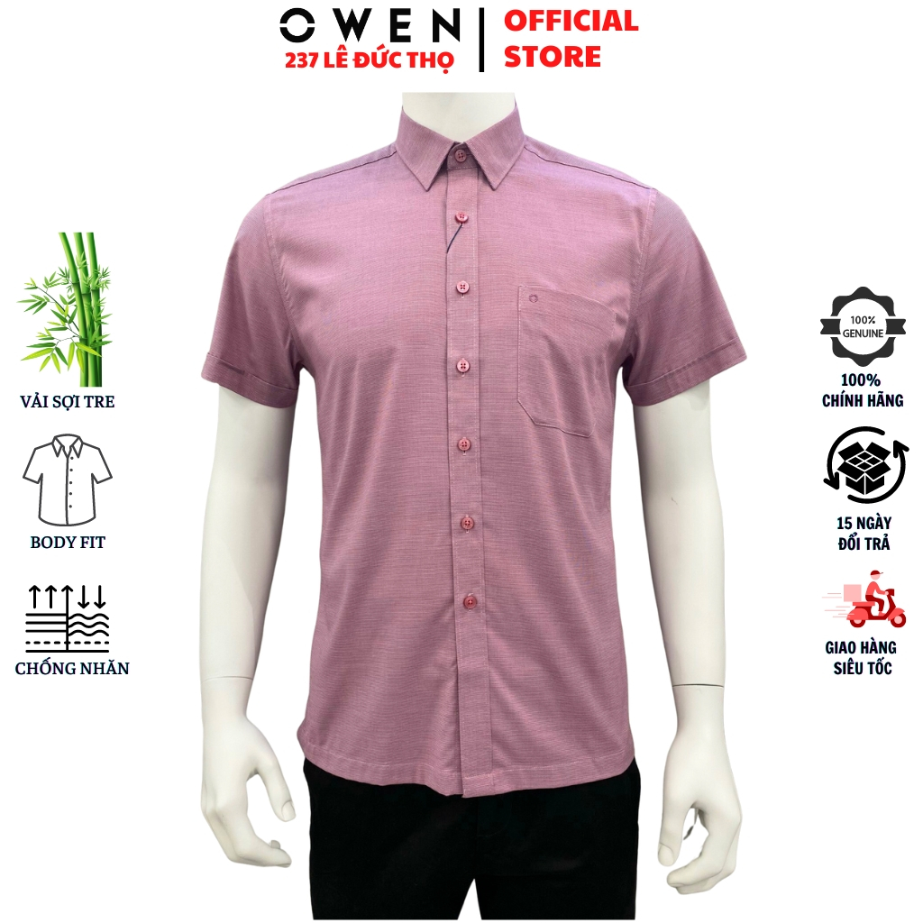 Áo sơ mi ngắn tay nam OWEN AB230044NT somi công sở màu nhuyễn đỏ vải sợi tre cao cấp form body fit tà bằng có túi