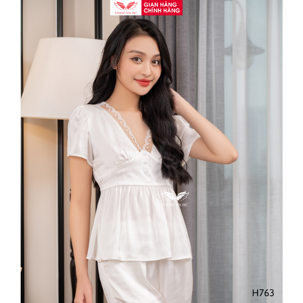 Pijama lụa đồ bộ ngủ mặc nhà cao cấp mùa Thu Đông VINGO tay ngắn quần dài cổ V đỏ hồng trắng dễ thương H763 VNGO