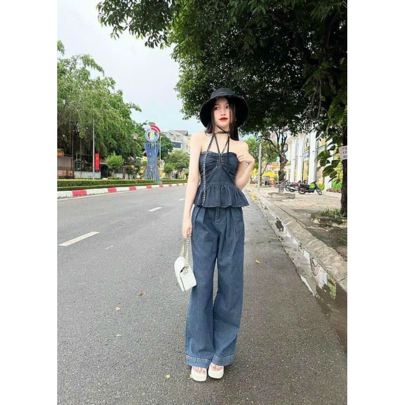Set Peplum Jean cổ yếm rút ngực phối Quần Jean ống rộng Set Demin áo hai dây rút ngực+Quần dài ống rộng thời trang