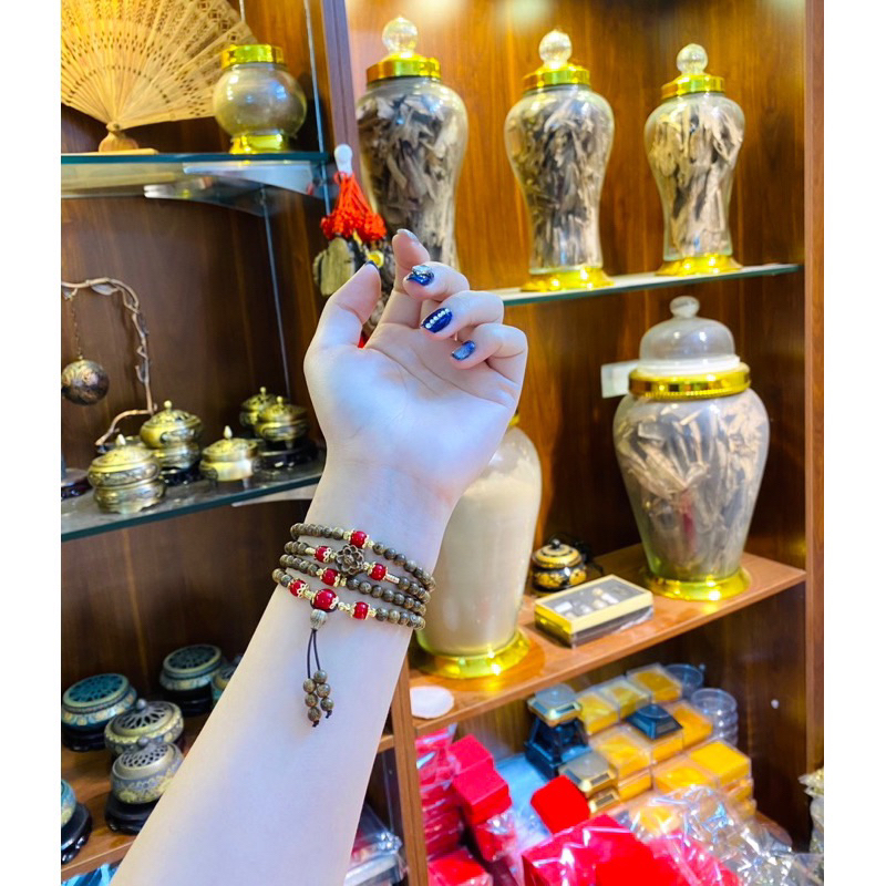 Vòng Tay Trầm Hương 108 Hạt Mix Hoa Sen Và Đá Mang Tài Lộc