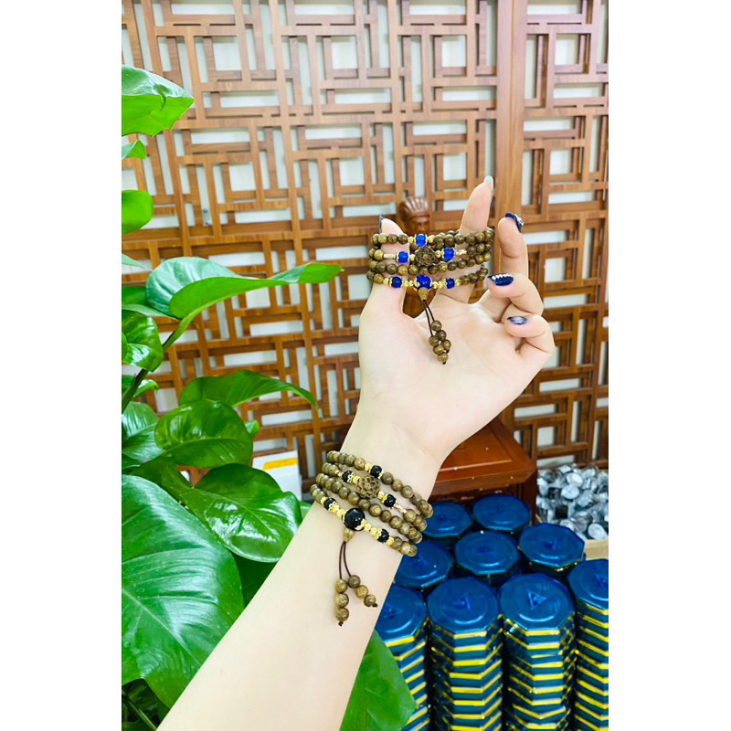 Vòng Tay Trầm Hương 108 Hạt Mix Hoa Sen Và Đá Mang Tài Lộc