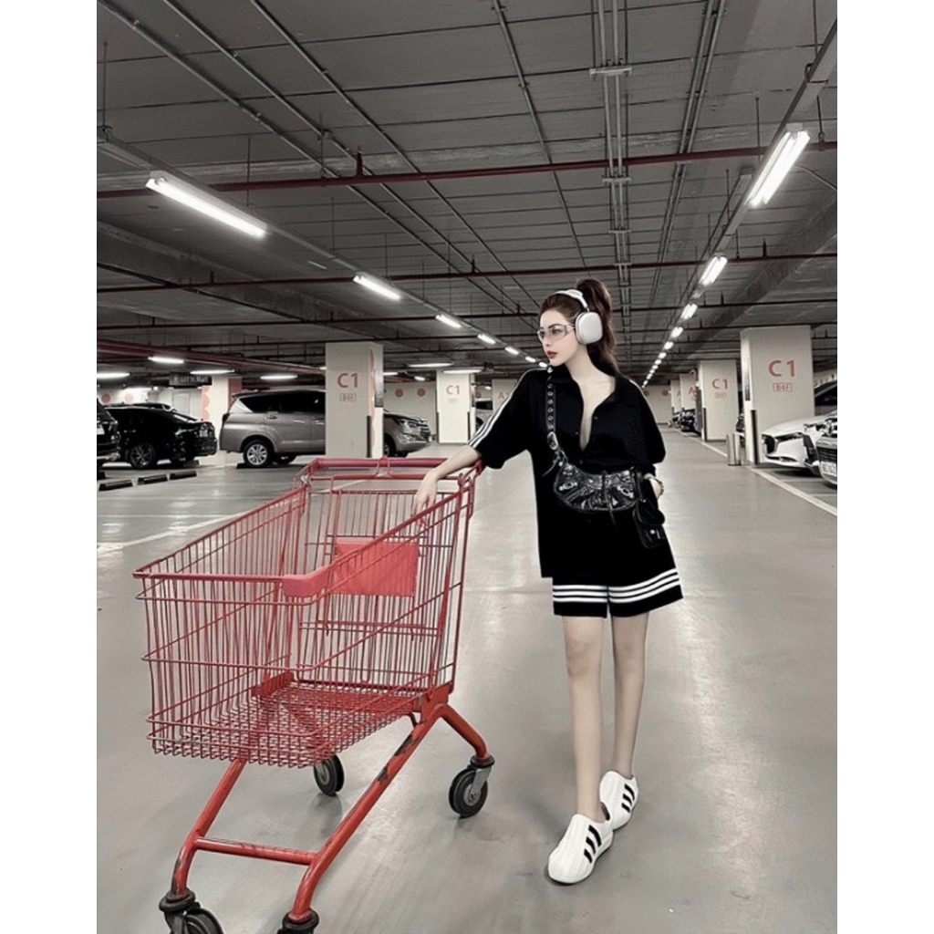 Set bộ áo polo mix quần ba sọc - Nguyên sét thể thao nam nữ thun mè cài cúc - dt_shop