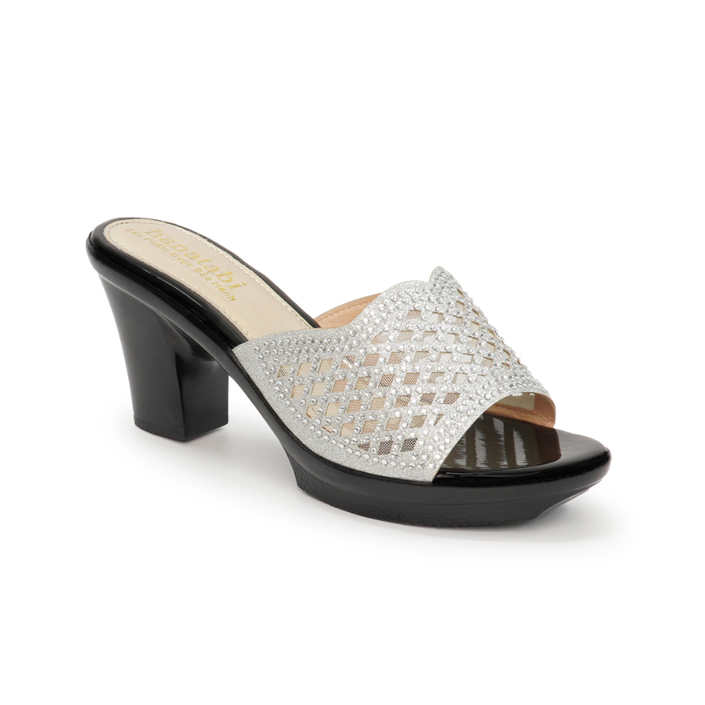 Dép Gót Nữ Hanatabi Quai Lưới Đính Xoàn Gót Cao 7cm Mã HNDE7F890