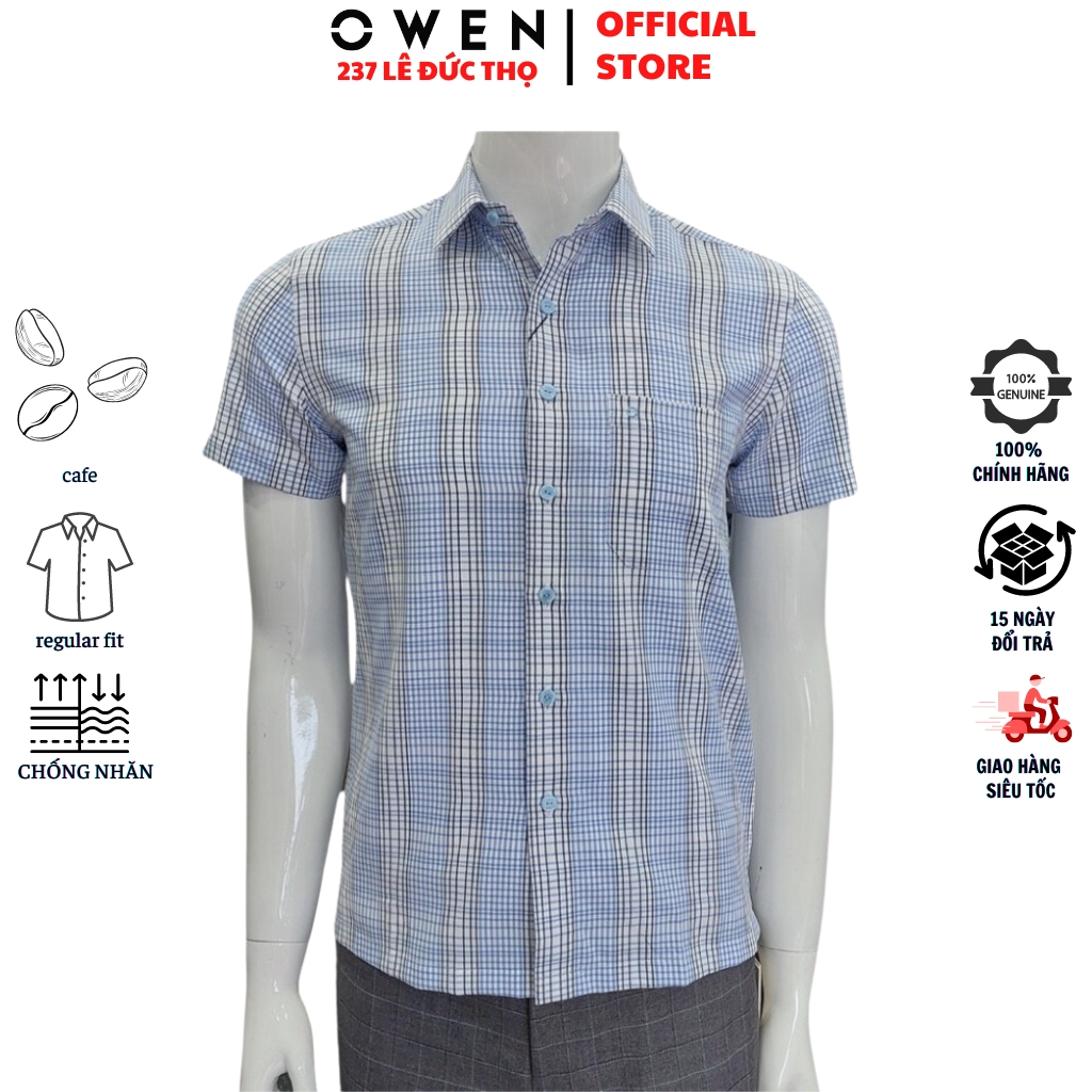 Áo sơ mi nam ngắn tay OWEN BA91627NT somi công sở màu xanh kẻ caro vải café cao cấp dáng body fit tà bằng có túi