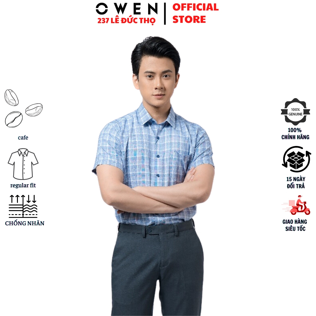 Áo sơ mi ngắn tay nam OWEN BA220111NT somi công sở màu kẻ caro xanh vải café form body fit tà bằng có túi