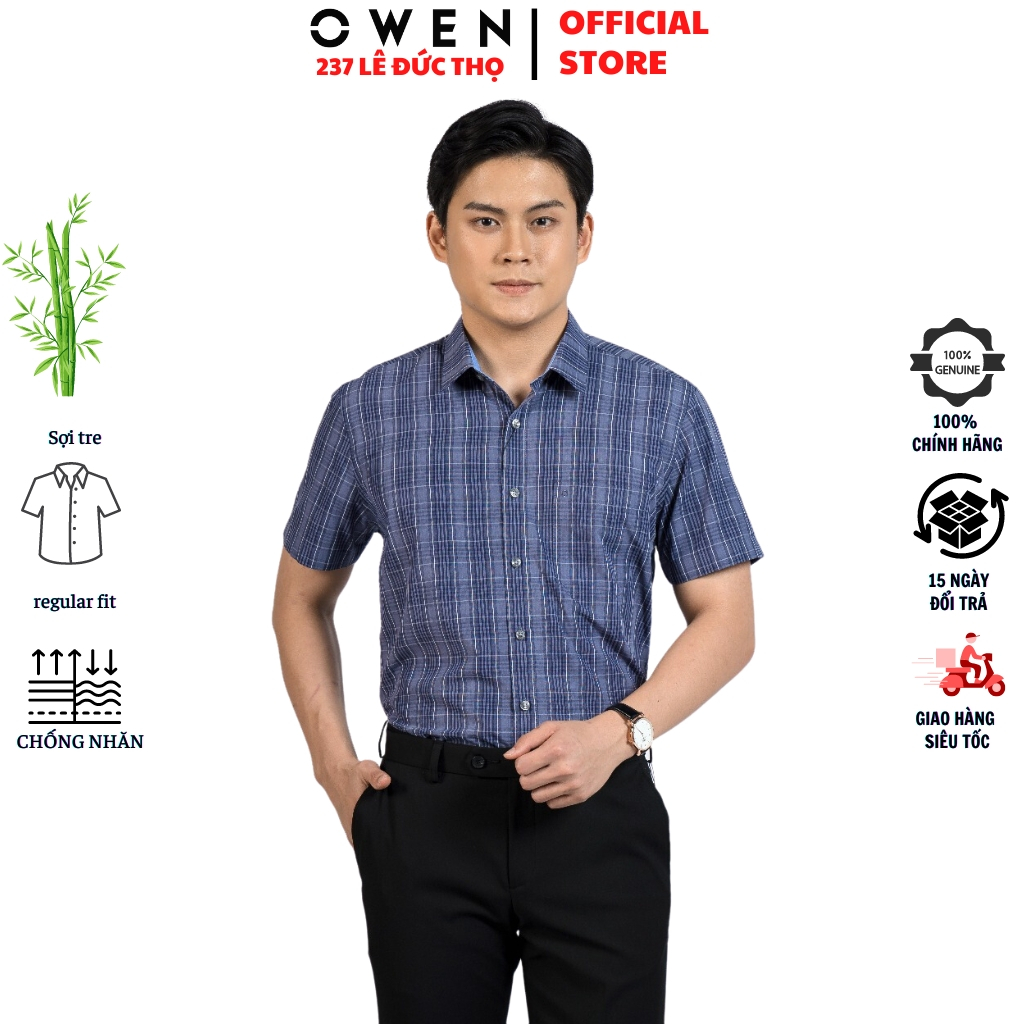 Áo sơ mi ngắn tay nam OWEN AR220048NT somi công sở màu xanh xám kẻ caro vải sợi tre form regular fit tà lượn có túi