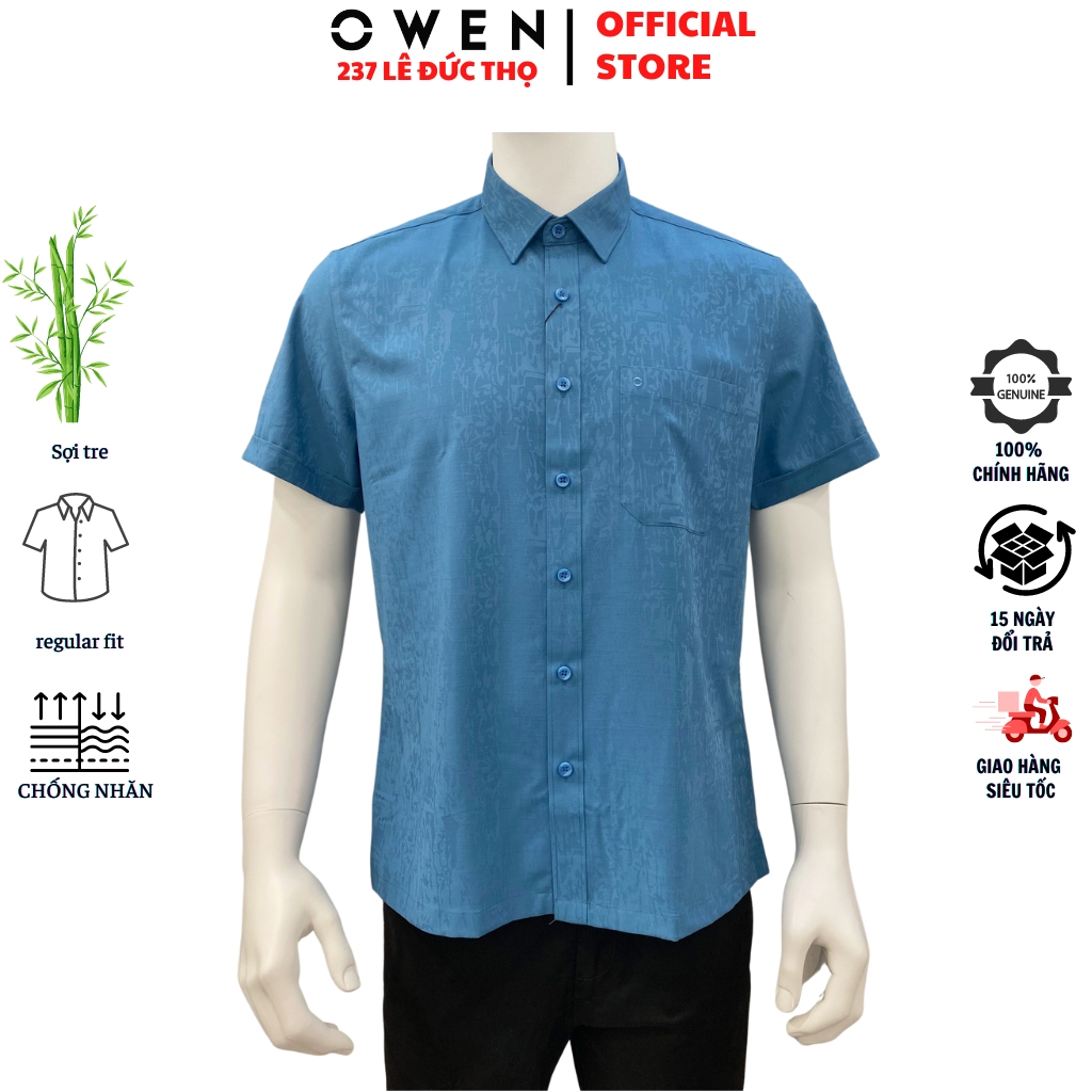 Áo sơ mi ngắn tay nam OWEN AB230116NT somi công sở màu xanh mint kẻ nhỏ vải sợi tre form body fit tà bằng có túi