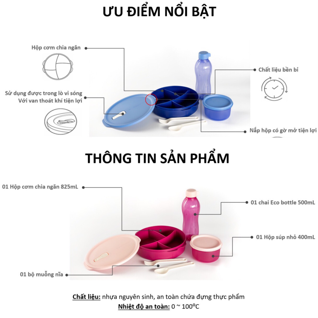 Bộ hộp cơm, Bình nước, túi xách Fit To Go Tupperware Nhựa Nguyên Sinh an toàn trong lò vi sóng