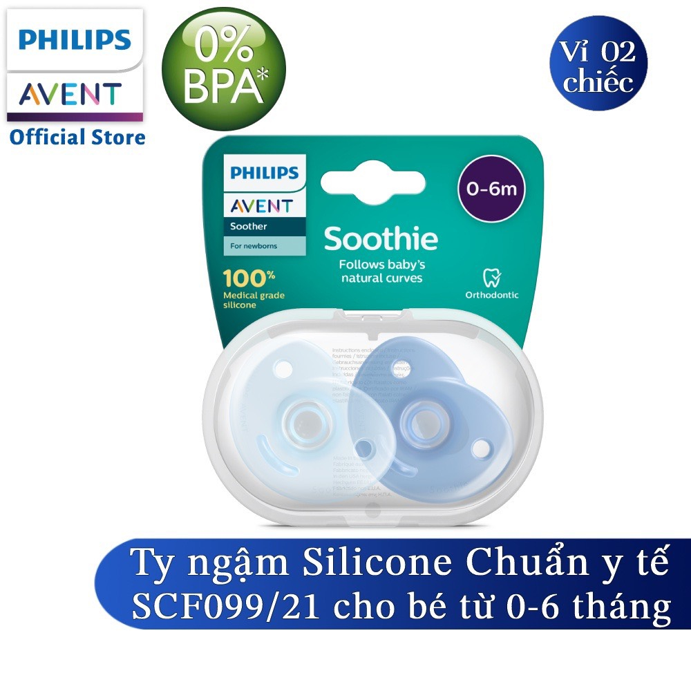 Vỉ 2 núm ty ngậm đúc khối Philips Avent chuẩn y tế cho bé từ 3m+ SCF194/03 silicone 0-6m SCF099/21 SCF099/22