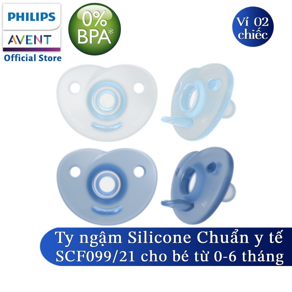 Vỉ 2 núm ty ngậm đúc khối Philips Avent chuẩn y tế cho bé từ 3m+ SCF194/03 silicone 0-6m SCF099/21 SCF099/22