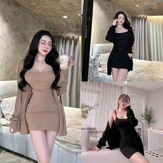 Đầm Nư Thun gân kèm khoác sang chảnh nhẹ nhàng dáng body quyến rũ