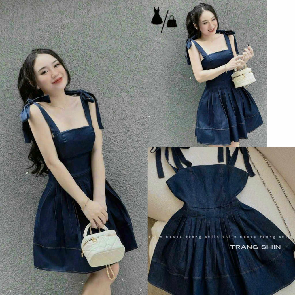 Đầm Nữ 2 dây nơ tiểu thư dáng xòe cổ vuông vải jean cao cấp