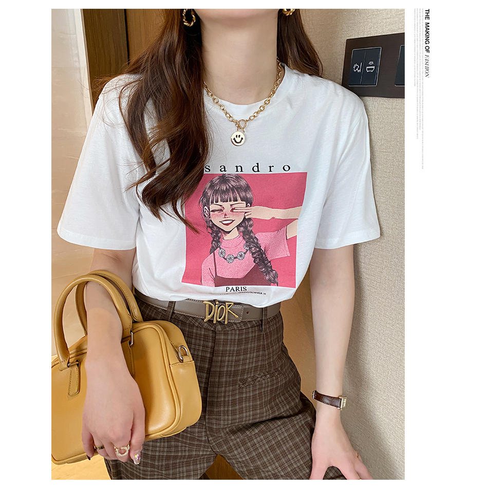Áo phông trắng in hình cô gái sandro - Áo thun nữ form rộng- CT6345