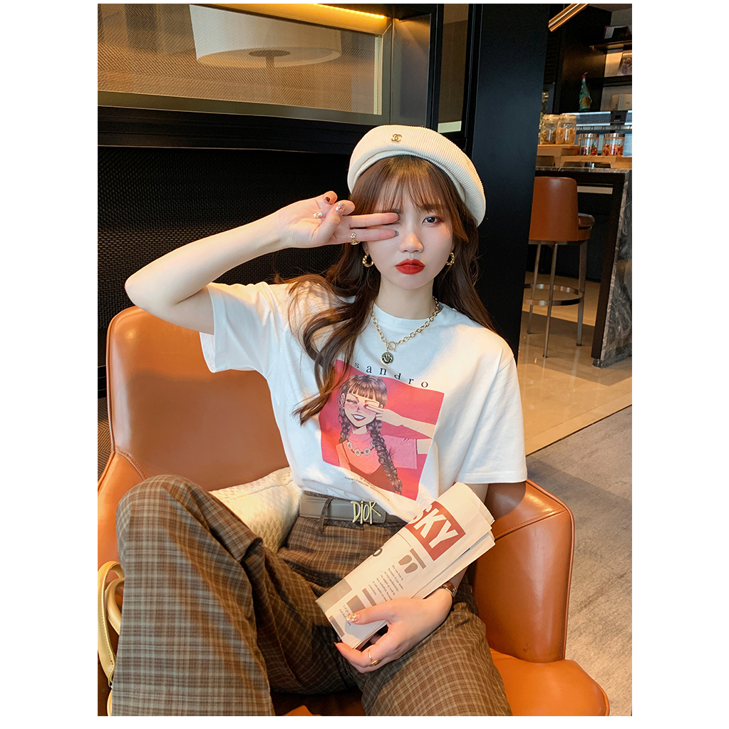 Áo phông trắng in hình cô gái sandro - Áo thun nữ form rộng- CT6345