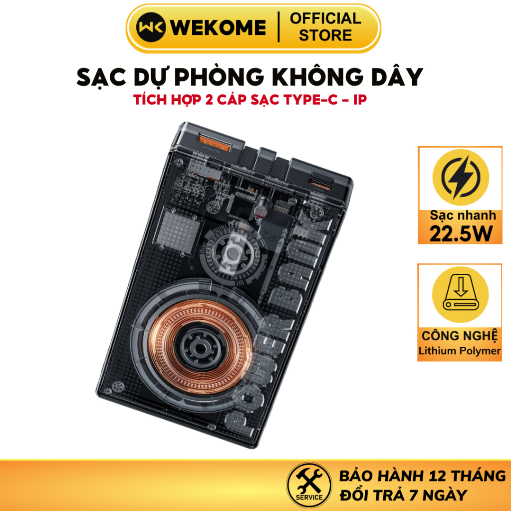 Sạc dự phòng không dây trong suốt 22.5W WEKOME WP-331 tích hợp 2 cáp sạc nhanh Typec và ip