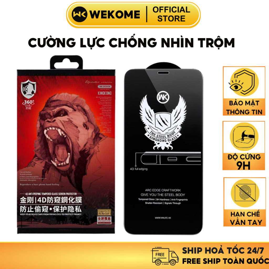 Kính cường lực iphone chống nhìn trộm Kingkong chính hãng Wekome cho ipx 11 12 13 14 15 promax