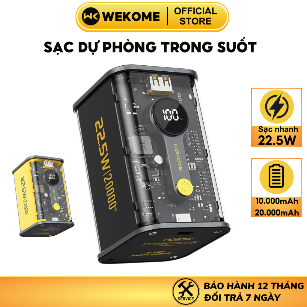 Sạc dự phòng trong suốt WEKOME WP-333/337 dung lượng 20000mAh sạc nhanh QC 22.5W + PD 20W màn hình Led