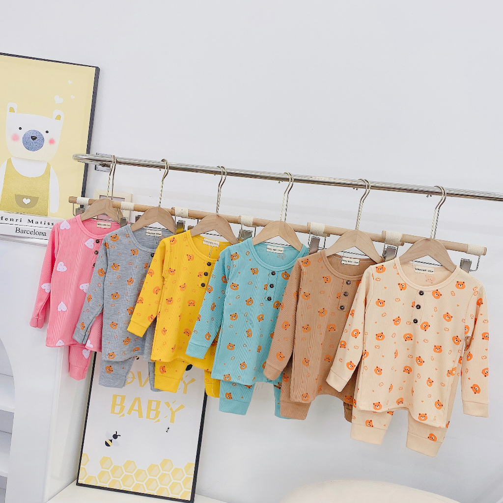 Đồ bộ dài tay len tăm 2 cúc bé trai bé gái Minky Mom quần áo trẻ em thu đông (QATE11)